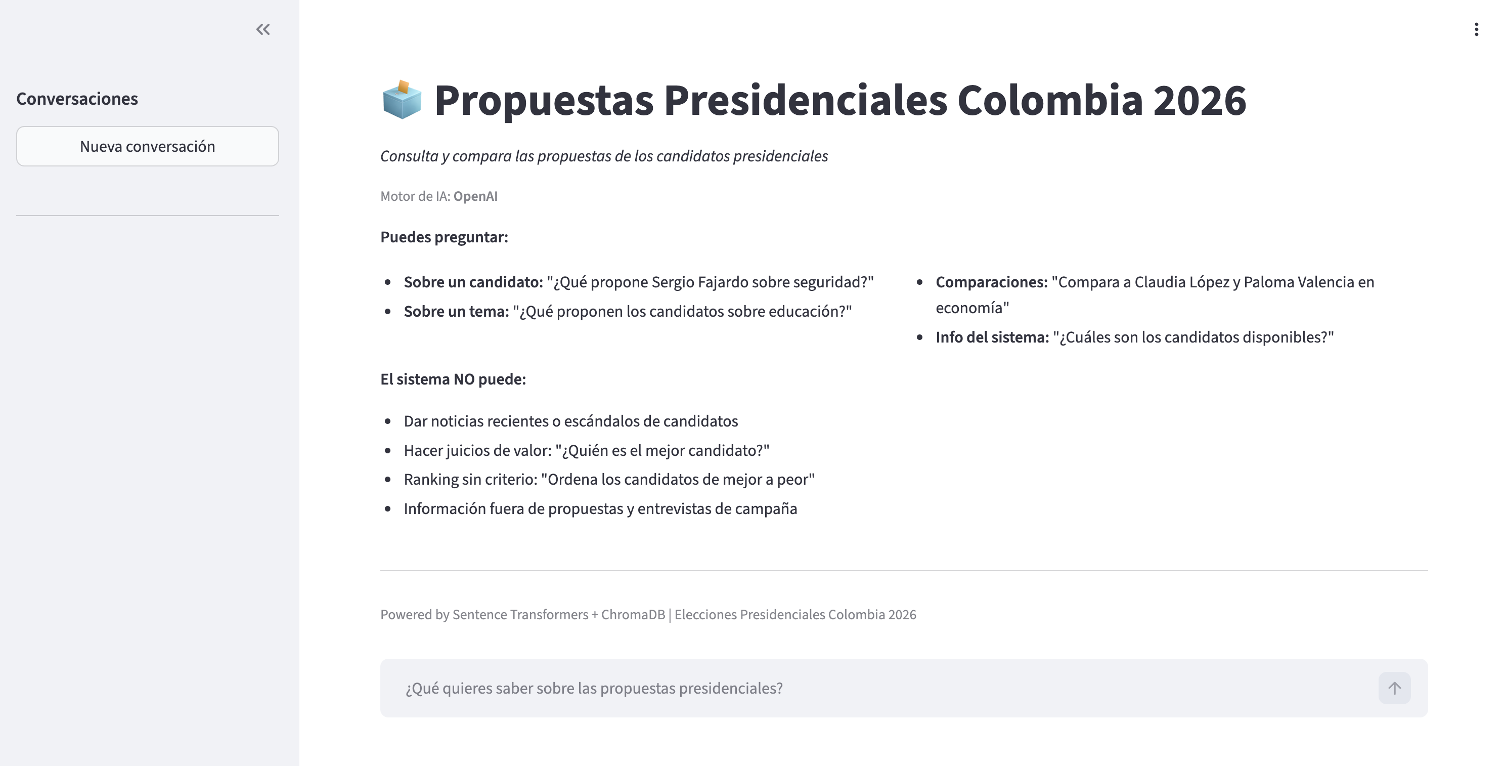 Página de inicio — consultas de ejemplo y límites del sistema claramente mostrados