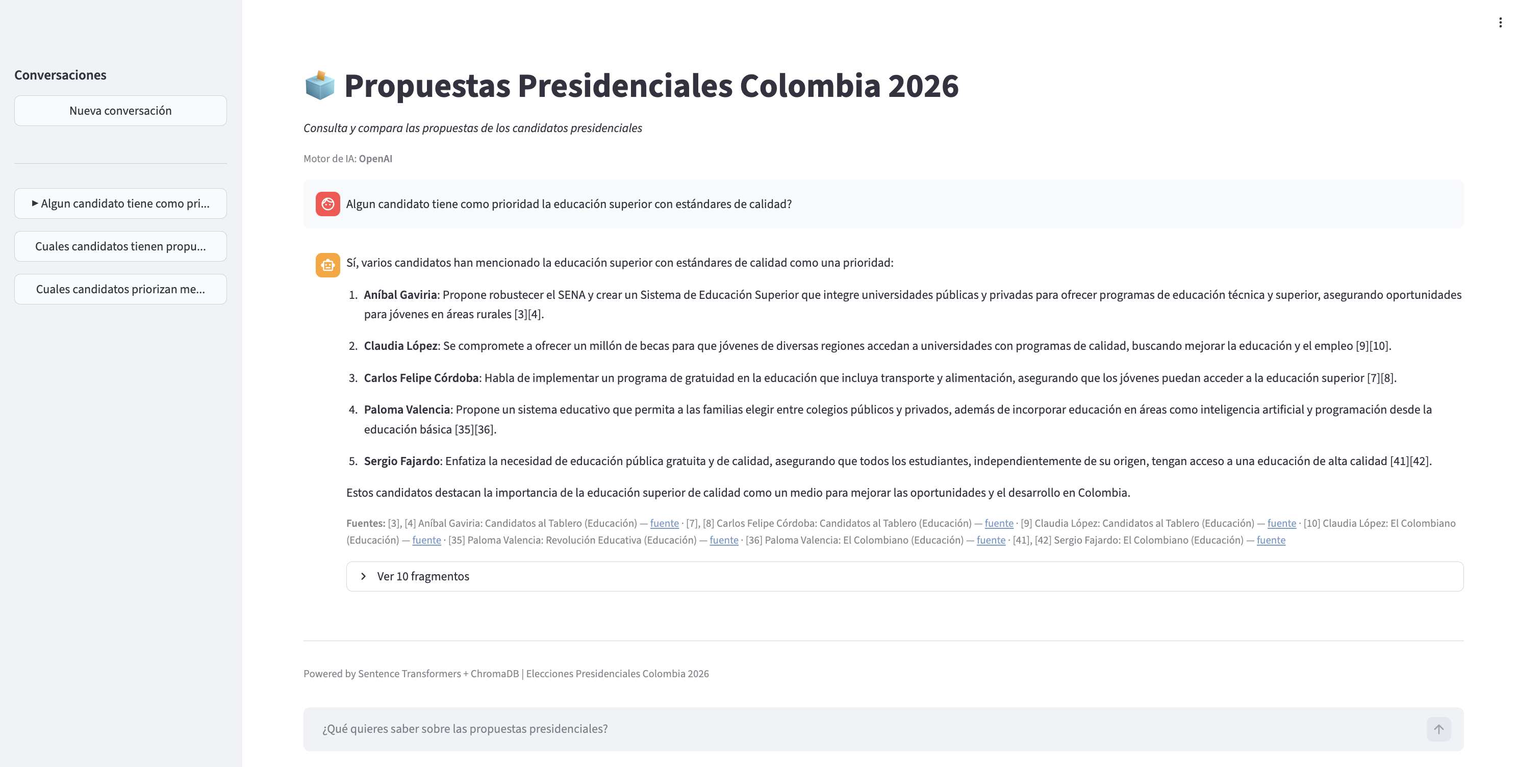Conversación con citaciones numeradas y enlaces trazables a fuentes originales